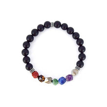 Load image into Gallery viewer, 7 Chakra Healing – 7 Gemstones (Large Cut) on Frosted Black Onyx Stretch Bracelet - Bless and Soul
