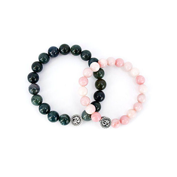 Set of Heart Chakra Couple Bracelets - Moss Agate, Pink Opal and Sterling Silver Stretch Bracelets