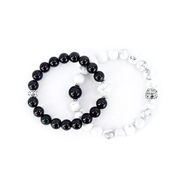 Set of Yin-Yang Couple Bracelets - Howlite and Black Obsidian Stretch Bracelets