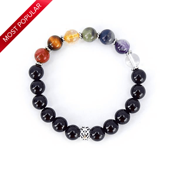 7 Chakra Balancing – 7 Gemstones on Black Onyx Stretch Bracelet - Bless and Soul