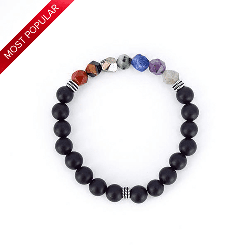 7 Chakra Healing – 7 Gemstones (Large Cut) on Frosted Black Onyx Stretch Bracelet - Bless and Soul